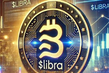 Ilustración digital de la criptomoneda Libra. En el centro de la imagen aparece una gran moneda circular de color dorado y negro, con un símbolo estilizado de Libra en el centro y la inscripción “$Libra” en la parte inferior. El borde de la moneda presenta estrellas y detalles inspirados en circuitos electrónicos. De fondo se observan gráficos financieros con líneas y velas de cotización, junto a una ciudad iluminada de noche. En distintos sectores de la imagen también se repite la inscripción “$LIBRA”. La composición utiliza tonos dorados, azules y negros y remite al universo de las criptomonedas y los mercados financieros.