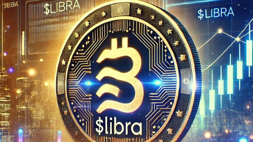 Ilustración digital de la criptomoneda Libra. En el centro de la imagen aparece una gran moneda circular de color dorado y negro, con un símbolo estilizado de Libra en el centro y la inscripción “$Libra” en la parte inferior. El borde de la moneda presenta estrellas y detalles inspirados en circuitos electrónicos. De fondo se observan gráficos financieros con líneas y velas de cotización, junto a una ciudad iluminada de noche. En distintos sectores de la imagen también se repite la inscripción “$LIBRA”. La composición utiliza tonos dorados, azules y negros y remite al universo de las criptomonedas y los mercados financieros.